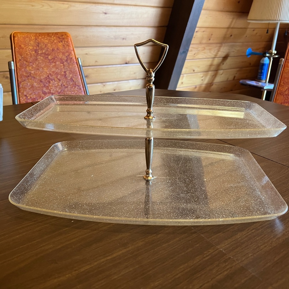 Vintage MCM Mid Century Gold Glitter Tiered Serving Platter, 24 Snack Trays